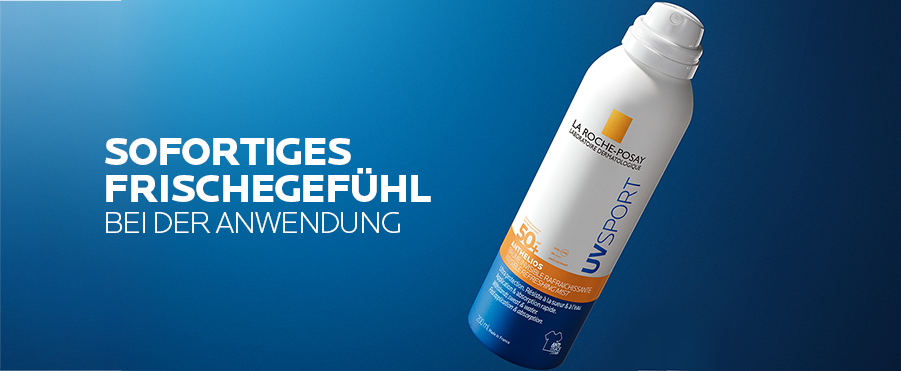 La Roche Posay Hautpflegeprodukte: Lipikar Gel Lavant, Anthelios UV Sport Sonnenspray, Cicaplast Lavant B5. Drei weiße Pumpsprays auf blauem Hintergrund.